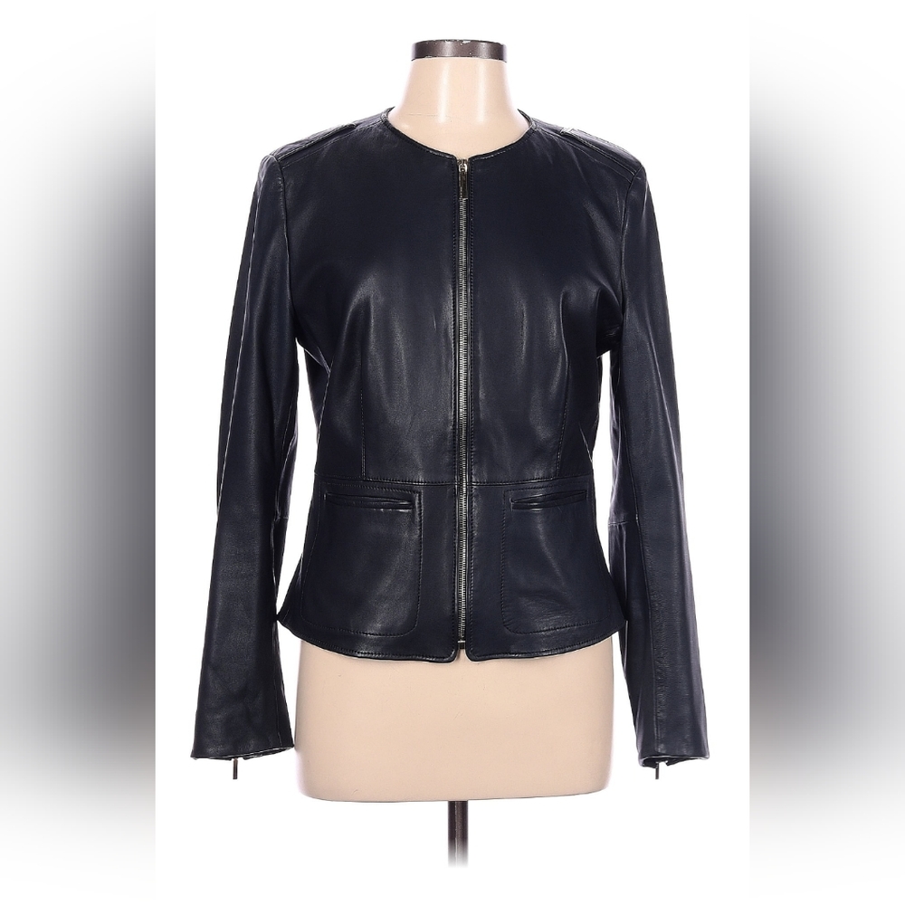 Hugo Boss genuine black leather jacket women's size 10 Large